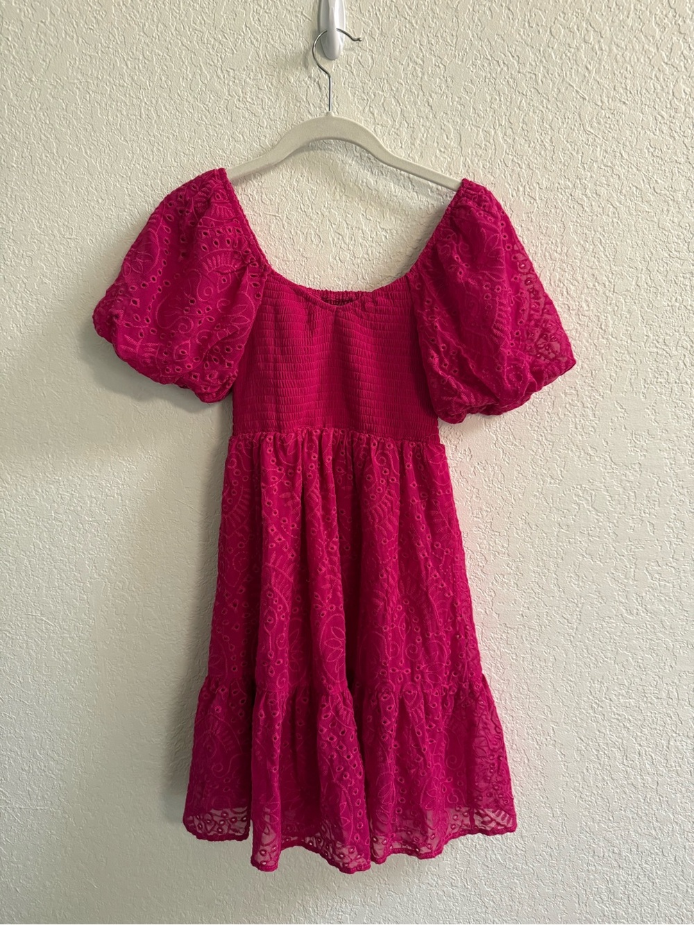 Juniors/Big Girls Bright Fuchsia Puff-Sleeve Eyelet Sundress